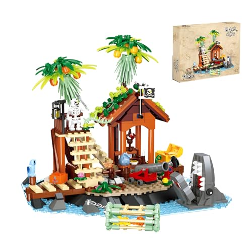 Tropische Insel Piratenhaus Bausteine Bausatz, 484Teile Piratenbasis Spielset mit Kanone, Palmen und Haifalle Modell Spielzeug, Büro Wohnkultur Ziegel, Geschenke Zubehör für Kinder Erwachsene (59160) von DzirePada