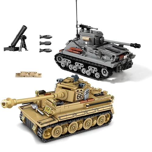 WW2 Armee Panzer Bausteine Bausatz, 1184Teile Deutscher Tiger & Amerikanischer M4 Sherman Panzer Modelle, Waffen Kriegsfahrzeuge Klemmbausteine, Ideen Militärische Geschenke für Kinder Erwachsene von DzirePada