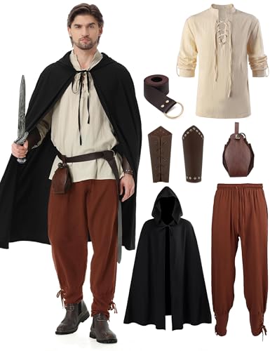 Dzorim Mittelalter Kleidung Herren Set Renaissance Kostüm Mittelalterliches Piratenhemd Mittelalter Hose Viking Kostüm mit Mantel, Gürtel, Handgelenkschützer, Goldmünzenbeutel Dzorim Mittelalter Kleidung Herren Set Renaissance Kostüm Mittelalterliches Piratenhemd Mittelalter Hose Viking Kostüm mit Mantel, Gürtel, Handgelenkschützer, Goldmünzenbeutel von Dzorim