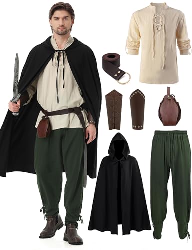 Dzorim Mittelalter Kleidung Herren Set Renaissance Kostüm Mittelalterliches Piratenhemd Mittelalter Hose Viking Kostüm mit Mantel, Gürtel, Handgelenkschützer, Goldmünzenbeutel Dzorim Mittelalter Kleidung Herren Set Renaissance Kostüm Mittelalterliches Piratenhemd Mittelalter Hose Viking Kostüm mit Mantel, Gürtel, Handgelenkschützer, Goldmünzenbeutel von Dzorim