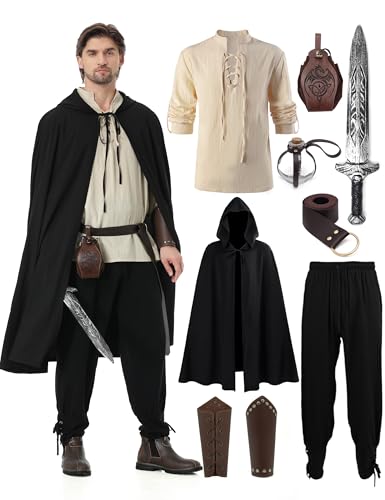 Dzorim Mittelalter Kleidung Set - Renaissance Kostüm, Piraten Leinenhemd Langarm, Wikinger Hemd, Herren Hose, Gürtel und Anderes Zubehör von Dzorim