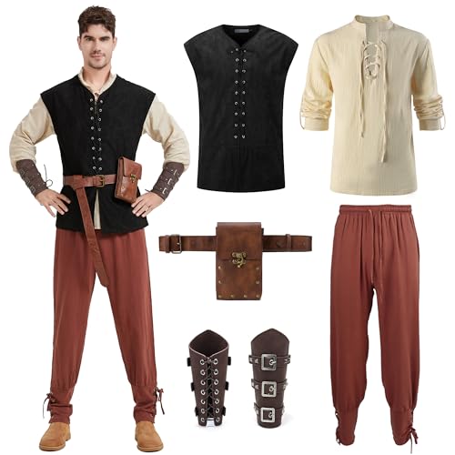 Dzorim Mittelalter Kleidung Herren Set Renaissance Wikinger Viking Piraten Kostüm Fasching Costume Gilet Medievale, Hemd, Hose, Gürtel und anderes Zubehör (Brown, M) von Dzorim