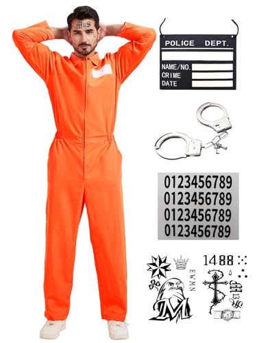 Dzorim Halloween Prisoner Overall Kostüm Herren Häftlinge Sträfling Kostüm Orange Gefangener Overall Herren Damen Orange Prison Jumpsuit Prisoner Outfit Costume Cosplay Dzorim Halloween Prisoner Overall Kostüm Herren Häftlinge Sträfling Kostüm Orange Gefangener Overall Herren Damen Orange Prison Jumpsuit Prisoner Outfit Costume Cosplay von Dzorim