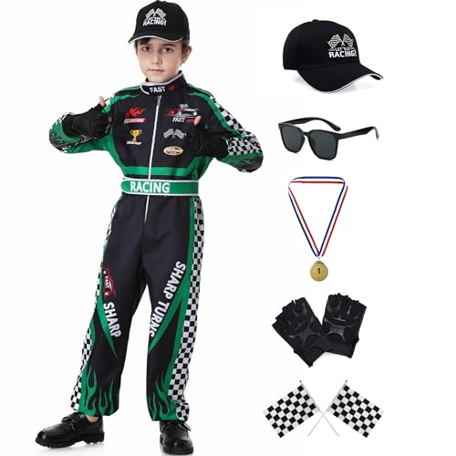 Dzorim Rennfahrer Kostüm Kinder Jungen rennfahrer Racer Jumpsuit faschingskostüme mit Handschuhe Brille Flagge Hut (150) von Dzorim