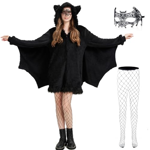 Schwarzes Fledermaus kostüm für Damen, Halloween Cosplay Kostüme, Fledermaus Augenmaske, Strümpfen, Umhang von Dzorim