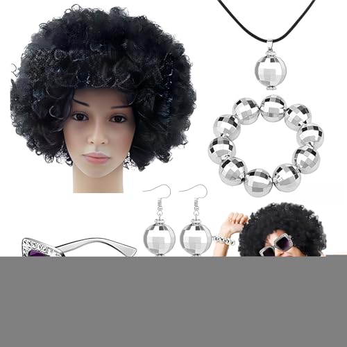 DzpKrka 1970er-Jahre-Disco-Zubehör-Set für Damen,70er-Disco-Zubehör, Rapper Kostüm Bling Disco Ball Zubehör 5 Stück, Halskette, Afro-Perücke, Ohrringe, Armband für Männer und Frauen, Retro-Partys von DzpKrka
