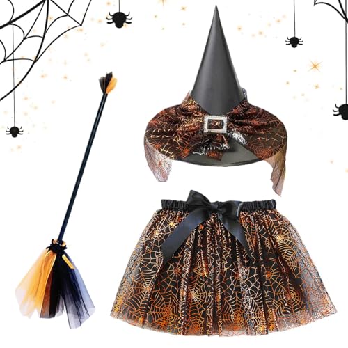 DzpKrka Halloween Hexenkostüme für Kinder, Kinder Kostüm Zubehör Mit Besen Und Rock, Verstellbares Halloween Kostümzubehör Für Und Jugendliche von DzpKrka
