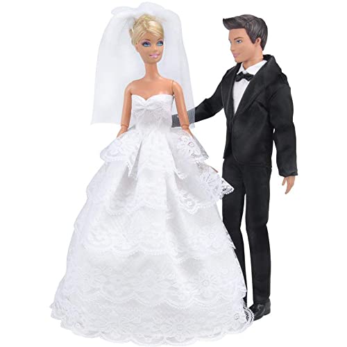 E-TING Prinzessin Hochzeit Kleid Kleid Abend Party weißer Spitze Partykleid Stickerei mit Schleier Outfit Set + Formellen Anzug Outfit für Barbie-Ken-Puppe von E-TING