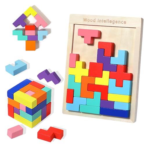 EACHHAHA 3D Baustein Puzzle,Holzspielzeug ab 3 Jahr,Montessori Spielzeug,30 Stück Intelligenz bunten Bausteinen,Fördert räumliche Vorstellungskraft und logisches Denken,Verdickung und Verstärkung von EACHHAHA