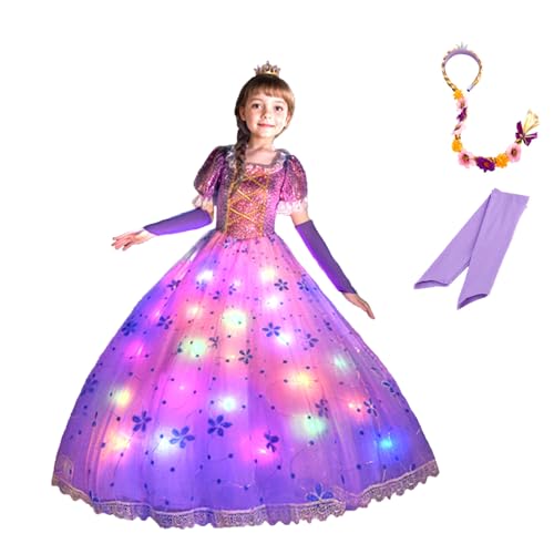 EARJIA Leuchtende Prinzessin Rapunzel Verkleiden für Mädchen, lila Kostüm für Kinder, Verkleidung mit Zubehör, Halloween, Geburtstag, Weihnachten Outfit von EARJIA