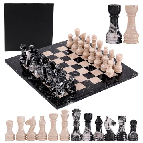 Marmor Schachset 15 Zoll Schwarz Zebra & Verona mit Aufbewahrungsbox Schach Brettspiele - 2 Spieler Klassische Schachsets für Erwachsene - 1 Schachbrett & 32 Schachfiguren - Reise Schachspiel Set Marmor Schachset 15 Zoll Schwarz Zebra & Verona mit Aufbewahrungsbox Schach Brettspiele - 2 Spieler Klassische Schachsets für Erwachsene - 1 Schachbrett & 32 Schachfiguren - Reise Schachspiel Set von EARTHEN CRAFTS