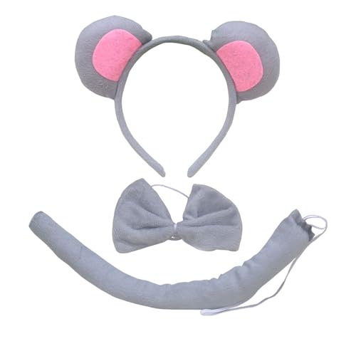 3 Stück Maus Ohren für Halloween Tierohren Stirnband Cosplay Rattenohren Schwanz Fliege Kostüm Party Zubehör für Erwachsene von EASYLONGJEE