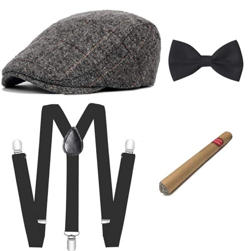 1920er-Jahre-Kostüm-Zubehör-Set für Herren, Gatsby, Gangster-Kostüm, Hut, Y-Rücken, Hosenträger, Fliege, Uhr, Bart, B, hat 58cm 1920er-Jahre-Kostüm-Zubehör-Set für Herren, Gatsby, Gangster-Kostüm, Hut, Y-Rücken, Hosenträger, Fliege, Uhr, Bart, B, hat 58cm von EBETA
