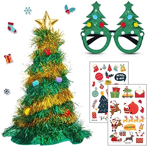 EBOOT Weihnachtsbaum Hut mit Stern lustig christbaum Party Kopfbedeckung Weihnachten Brille zum Tragen und 2 Bögen Temporäre Weihnachtstattoos Kostüm Deko für Erwachsene Party Geschenke Box von EBOOT