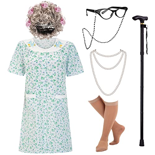 EBYTOP Kostüm für Damen, Alte Dame, mit Nachthemd, Perücke, Stock und anderem Halloween-Cosplay-Zubehör, Blau, S-M von EBYTOP