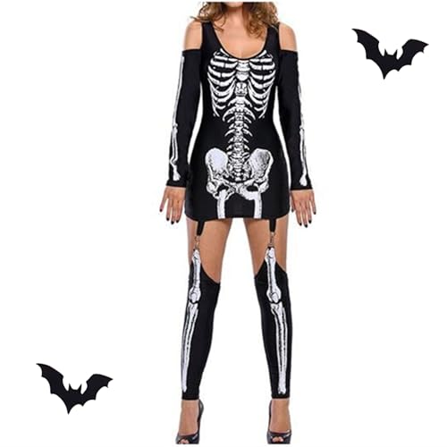 EBbels Halloween Skelett Kleid, Halloween Kostüm Damen, schwarzer eng anliegender Jumpsuit mit Stretch-Material, Kostüm für Erwachsene, Halloween-Party (M) von EBbels