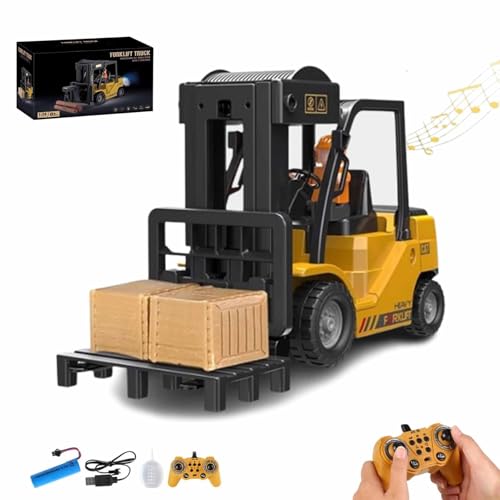 ECBLI Rc-Gabelstapler Mit Licht, Ferngesteuerter Bagger Mit Anhänger, Wiederaufladbares Konstruktionsspielzeug-Set Mit Pritschenwagen Und Kranhaken, Mit Sprühgeräuschen Und Licht(Forklift,Battery*1) von ECBLI
