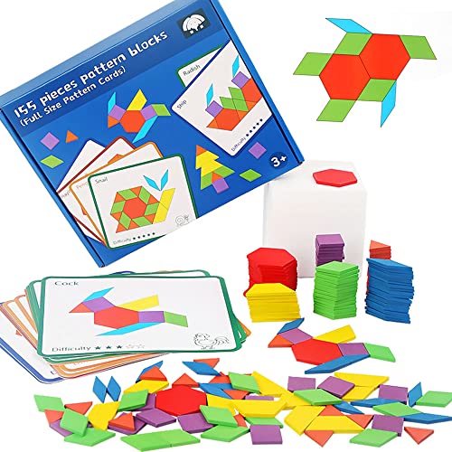 ECCHY Tangram Puzzle Spielzeug, Holzpuzzles Geometrische Puzzle Montessori Spielzeug mit 155 geometrischen Formen und 12 Beidseitige Karten, Pädagogisches Spielzeug für Kinder Mädchen Jungen ab 3 Jahr von ECCHY