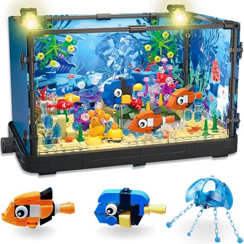 ECHOBUY Aquarium-Baustein mit LED Licht Aquarium Fish Tank Bauspielzeug Aquarium Bausatz mit Quallen Tropischen Fischen und Korallen Spielzeug für Jungen und Mädchen von 8-12 Jahren von ECHOBUY