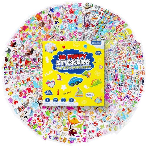 ECHOCUBE 3D Puffy Aufkleber - Wiederverwendbare 3D Aufkleber mit Einhorn, Dinosaurier & Zahlenmustern, 50 Blatt Dekorationsaufkleber für Kinder Party Tütenfüller, Geschenk & Basteln von ECHOCUBE