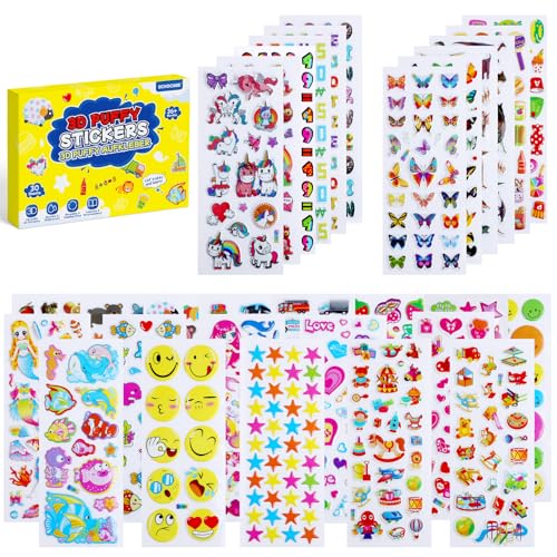 ECHOCUBE 3D Puffy Aufkleber - Wiederverwendbare 3D Aufkleber mit Tier-, Auto- und Zahlenmustern, 30 Blatt Dekorationsaufkleber für Kinderparty-Tütenfüller, Geschenk und Bastelarbeiten von ECHOCUBE