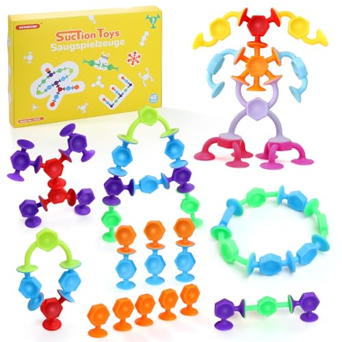 ECHOCUBE 48 Stück Saugnapf Spielzeug, Silikon Saugnapf Badespielzeug für Kinder ab 3 Jahre, Sensorisches Saugspielzeug, Stressabbau-Spielzeug, Reisespielzeug für Kinder und Erwachsene von ECHOCUBE