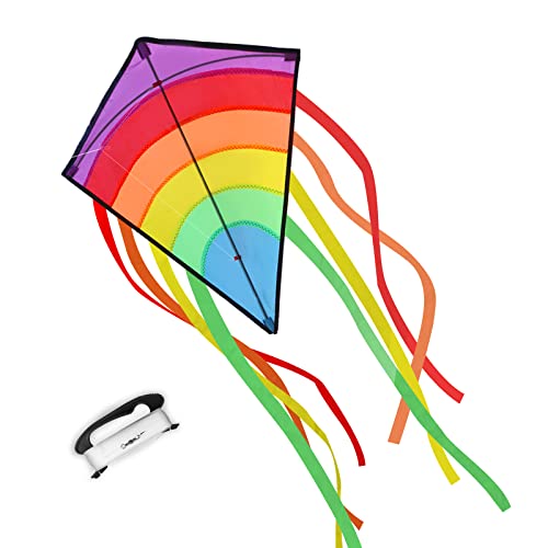 ECHOCUBE Einleiner Flugdrachen für Kinder und Erwachsene, Regenbogen Diamant Drachen mit Langen Buntem Schwänzen, Kinder Drachen für Outdoor Aktivitäten, Strandausflug, Familienzeit (73 * 65 cm) von ECHOCUBE