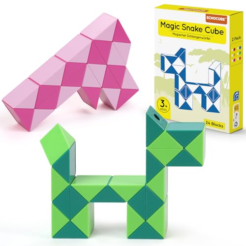 ECHOCUBE Magischer Schlangenwürfel, 2 Pack 24 Teile Schlange Lineal Twist Puzzle Party Geschenke, pädagogische kreative Schlange Fidget Spielzeug für Kinder/Erwachsene (Grün & Rosa) von ECHOCUBE