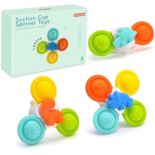 ECHOCUBE Saugnapf Spinner Spielzeug, 3 PCS Spinning Sensory Toys Geburtstagsgeschenk, Silikon Saug Spielzeug Baby Badespielzeug für Kleinkind Jungen und Mädchen von ECHOCUBE