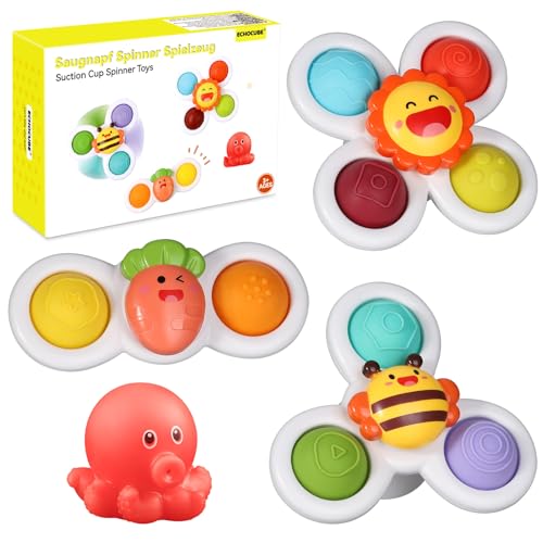 ECHOCUBE Saugnapf Spinner Spielzeug, 3 Stück Pädagogisches sensorisches Spinner-Spielzeug als Geburtstagsgeschenk, Baby Saugnapf Spinner Badespielzeug für Kleinkinder Jungen und Mädchen von ECHOCUBE