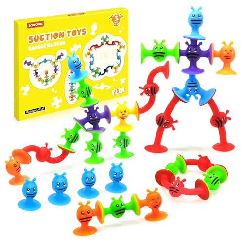 ECHOCUBE Saugspielzeug, 28 Stück Silikon Saugnapf Badespielzeug für Kinder ab 3 Jahren, sensorisches Saugspielzeug, Stressabbau-Spielzeug, Reisespielzeug für Kinder und Erwachsene von ECHOCUBE