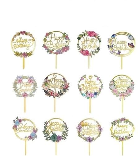 Artikelmaße 12pcs Happy Birthday Cake Toppers, Blume Acryl Gold Birthday Party Cupcake Dekorationen von ECOJEN
