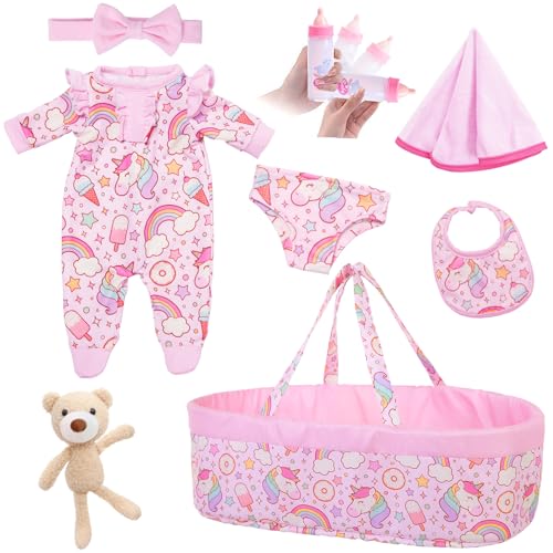 ECORELF - 8 Babypuppen-Kleidungsstücke mit Stubenwagen für 40,6 cm bis 45,7 cm große Babypuppen, Babypuppenzubehör, Kleidung einschließlich Armband, Stirnband mit Einhorn-Muster ECORELF - 8 Babypuppen-Kleidungsstücke mit Stubenwagen für 40,6 cm bis 45,7 cm große Babypuppen, Babypuppenzubehör, Kleidung einschließlich Armband, Stirnband mit Einhorn-Muster von ECORELF