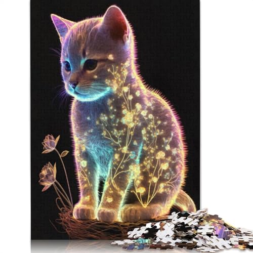 Dunkel leuchtendes Blumen-Katzen-Puzzle für Erwachsene, Premium-Puzzle aus 100% recyceltem Brett, Problemlösungspuzzles für Erwachsene und Kinder, 520 Teile (52 x 38 cm) von ECXASD