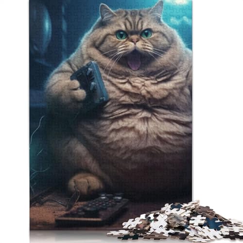 Fat Cat spielt Videospiel, Puzzle für Erwachsene, Premium-Puzzle aus 100% recyceltem Brett, Problemlösungspuzzles für Erwachsene und Kinder, 520 Teile (52 x 38 cm) von ECXASD