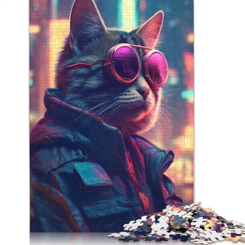 Katzenbrille, Lederjacke, 520-teiliges Puzzle, buntes Puzzle, Geschenke für Männer, für Kinder ab 12 Jahren, 520 Teile (52 x 38 cm) von ECXASD