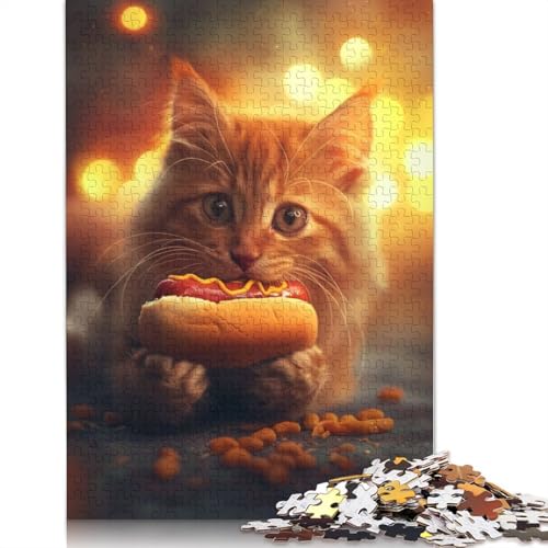 Lustiges Puzzle für Erwachsene mit Einer Katze, die Hot Dog isst. Hochwertiges 100% recyceltes Brett. Schwierige Puzzles für Kinder ab 12 Jahren. 1000 Teile (75 x 50 cm) von ECXASD