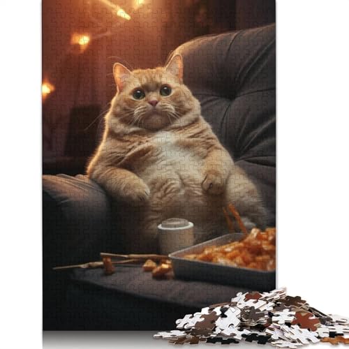 Lustiges Puzzle mit Fetter Katze und Essens-Chill, 520 Teile, für Erwachsene, 100 Prozent recycelte Holzplatte, schwierige Puzzles für Frauen und Männer, 520 Teile (52 x 38 cm) von ECXASD
