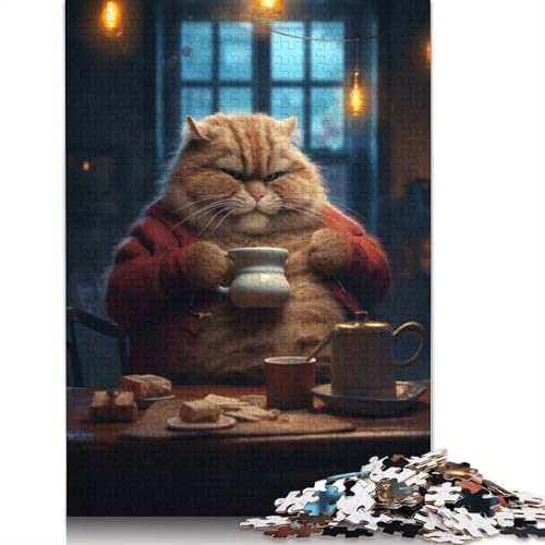 Lustiges Puzzle mit Kaffeegetränk und Fetter Katze, 1500 Teile für Erwachsene, kreative Spiele, Puzzlespiele für Erwachsene für Jungen oder Mädchen, 1500 Teile (85 x 57 cm) von ECXASD
