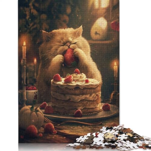 Lustiges Puzzle mit Katzenkuchen und Erdbeere, buntes Puzzle, Geschenke für Männer, für Kinder ab 12 Jahren, 1000 Teile (75 x 50 cm) von ECXASD