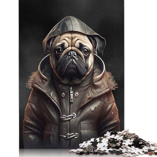 Mops-Hundeporträt-Puzzle für Erwachsene, 100% recycelte Holzplatte, schwierige Puzzles für Frauen und Männer, 1000 Teile (75 x 50 cm) von ECXASD