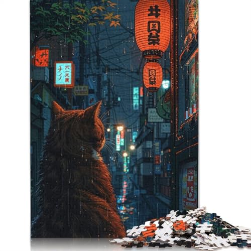 Puzzle für Erwachsene „Kleine Katze in Tokio“, 100% recycelte Holzplatte, Denkpuzzle für Erwachsene, für Jungen oder Mädchen, 1000 Teile (75 x 50 cm) von ECXASD