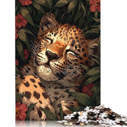 Schlafender Leopard in Blumen, Puzzle für Erwachsene, 100% recycelte Holzplatte, Denkpuzzle für Erwachsene, für Jungen oder Mädchen, 1000 Teile (75 x 50 cm) von ECXASD