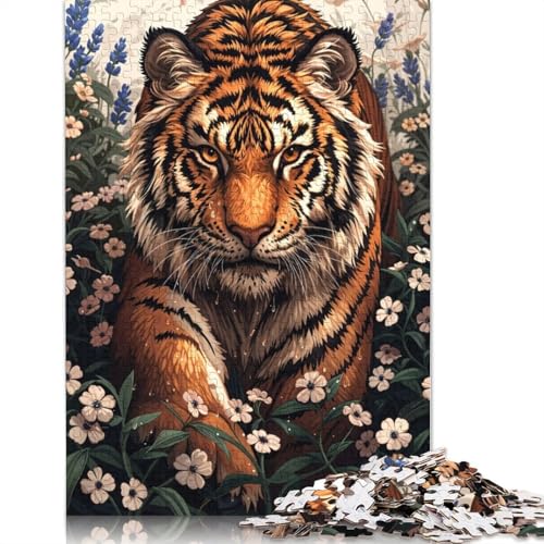 Tiger in Blumen, 1500-teiliges Puzzle für Erwachsene, 100% recycelte Holzplatte, schwierige Puzzles für Frauen und Männer, 1500 Teile (85 x 57 cm) von ECXASD