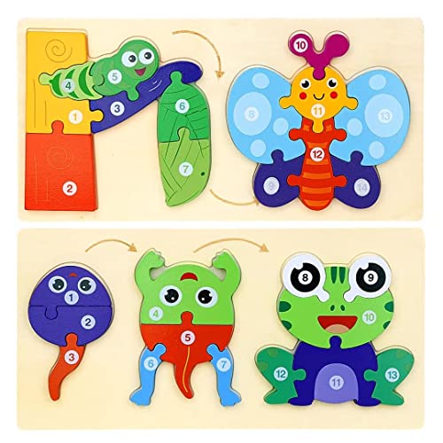 EDATOFLY Holzpuzzle f¨¹r Kleinkinder von 3 Jahren, Puzzle f¨¹r Kinder Puzzle ab 3 Jahre Montessori-Spielzeug Lernendes P?dagogisches Holzpuzzle-Spielzeug Kinderpuzzle (Frosch, Schmetterling) von EDATOFLY