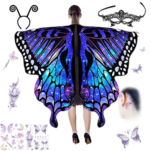 EDATOFLY Schmetterling Sling Umhang für Kinder, Schmetterling Flügel Kostüm Kinder für Halloween-Kostüm-Cosplay Schmetterlingsflgel mit 1 Augenmaske 1 Haarband, 2 Aufkleber (Blau, 136 * 109cm) von EDATOFLY