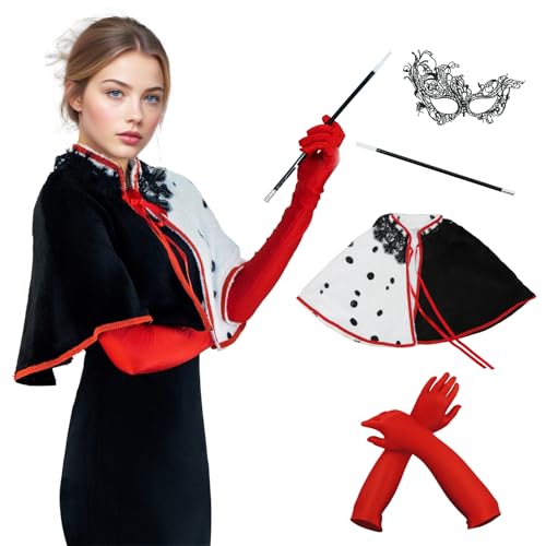 Deville-Kostüm für Damen, 4 Stück, Halloween, Dalmatiner, Cosplay, Schal, rote Handschuhe, Kostüm, Augenklappe von EDAUWAE