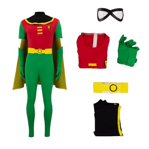 EDAUWAE Robin Kostüm für Herren, Deluxe-Overall, Umhang, Superheld, Halloween, Cosplay, Body mit Handschuhen, Gürtel, Augenmaske, komplettes Set, Größe XXL von EDAUWAE