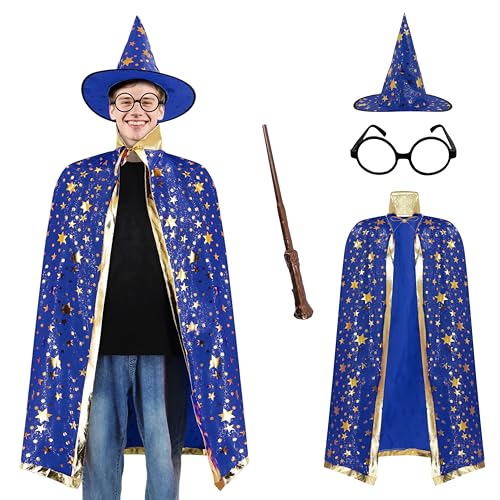 EDAUWAE Zauberer-Umhang für Erwachsene, Kostüm mit Zaubererhut, Zauberstab und Brille für Halloween, Cosplay, Blau, Einheitsgr��e EDAUWAE Zauberer-Umhang für Erwachsene, Kostüm mit Zaubererhut, Zauberstab und Brille für Halloween, Cosplay, Blau, Einheitsgr��e von EDAUWAE