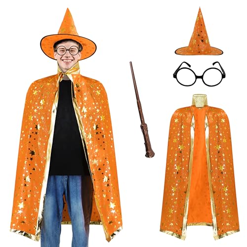 EDAUWAE Zauberer-Umhang für Erwachsene, Kostüm mit Zaubererhut, Zauberstab und Brille für Halloween, Cosplay, Orange/Abendrot im Zickzackmuster (Sunset Chevron), Einheitsgr��e von EDAUWAE